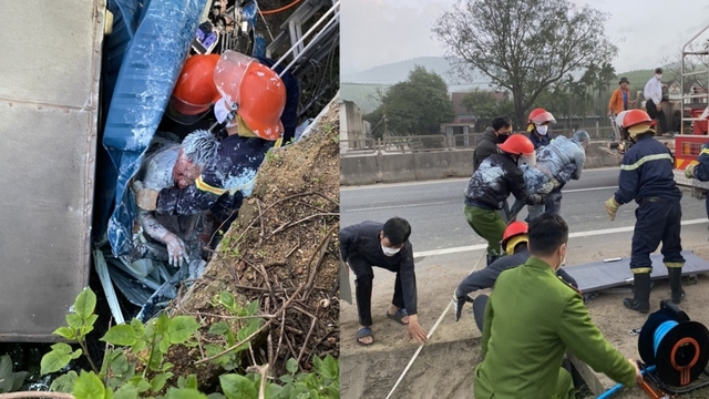 Xe tải bẹp dúm, tài xế kẹt cứng trong cabin sau khi xe rơi xuống mương sâu