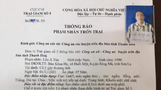 Truy tìm phạm nhân trốn khỏi Trại giam số 5 ở Thanh Hóa