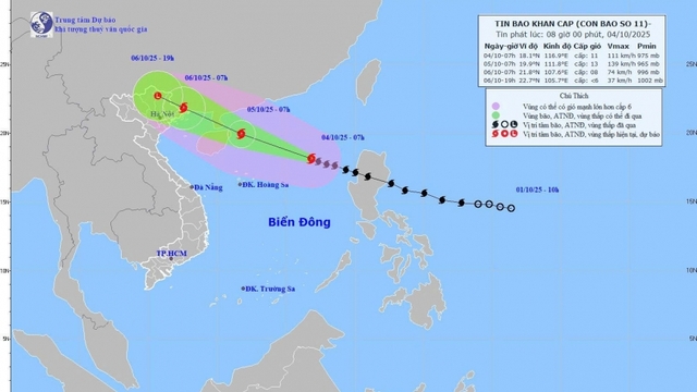 Bão số 11 mạnh lên, hướng vào Bắc Bộ với gió giật cấp 14