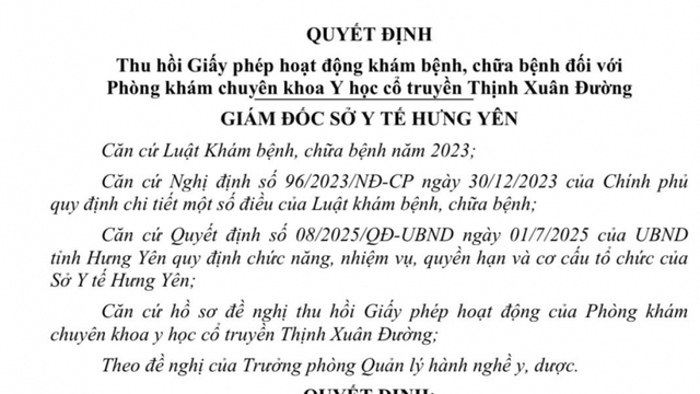 Thu hồi giấy phép hoạt động tại phòng khám chuyên khoa Thịnh Xuân Đường