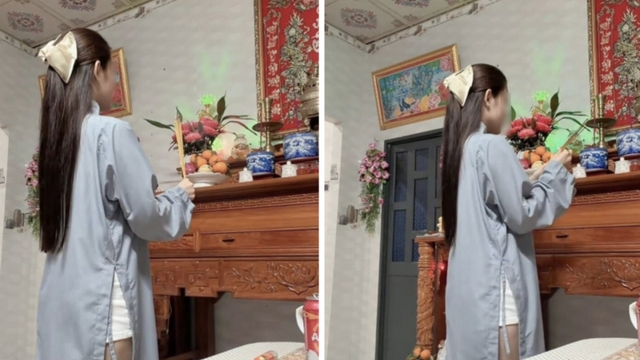 Cô gái mặc áo tràng, quần ngắn thắp hương gây tranh cãi