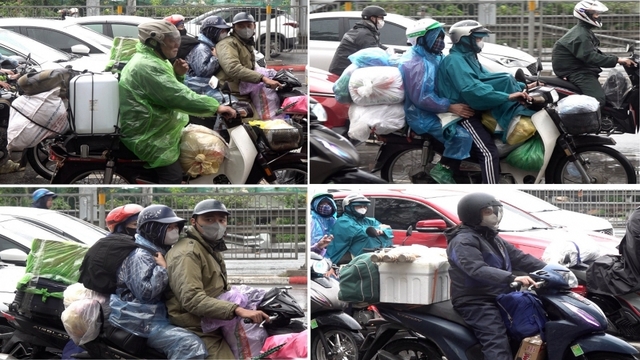 Dòng người lỉnh kỉnh quà quê đội mưa quay trở lại Hà Nội sau nghỉ Tết