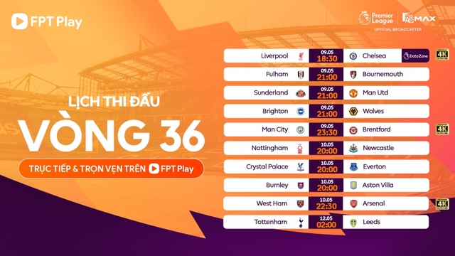 Lịch thi đấu và trực tiếp vòng 36 Ngoại hạng Anh: Arsenal đua vô địch với Man City
