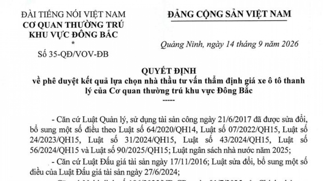 VOV Đông Bắc thông báo lựa chọn nhà thầu tư vấn thẩm định giá xe ô tô thanh lý
