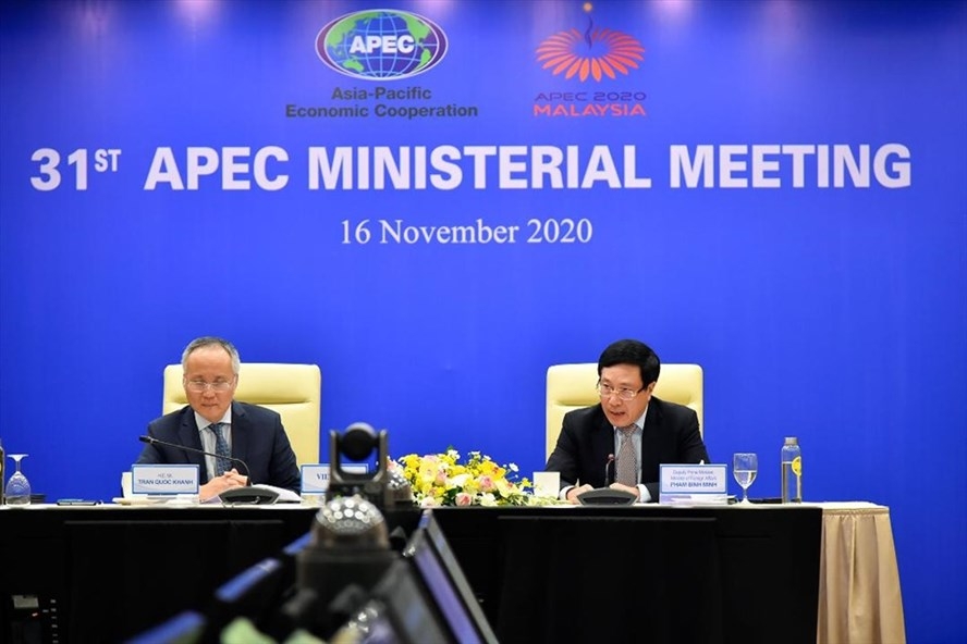 Deputy Prime Minister and Foreign Minister Pham Binh MInh (R) attends the 31st APEC Ministerial Meeting on November 16. (Photo: Ministry of Foreign Affairs).