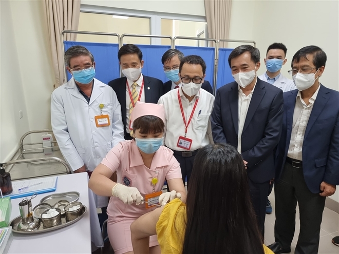 A volunteer has received the Covivac vaccine shot during the first clinical trial phase.