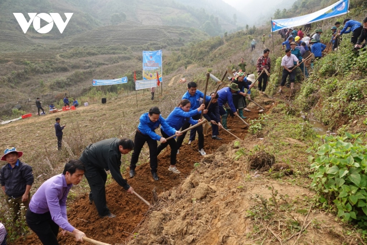 The Youth Union members in the northern province of Yen Bai plant trees in an attempt to make mountainous areas greener and to protect the local environment.