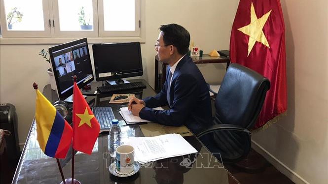 Vietnamese Ambassador to Venezuela concurrently Colombia Le Viet Duyen chairs the webinar (Photo: VNA)