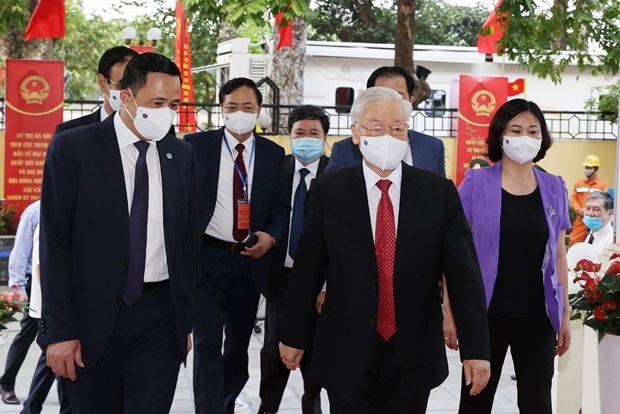 Party General Secretary Nguyen Phu Trong goes to the polls in Hai Ba Trung district, Hanoi.