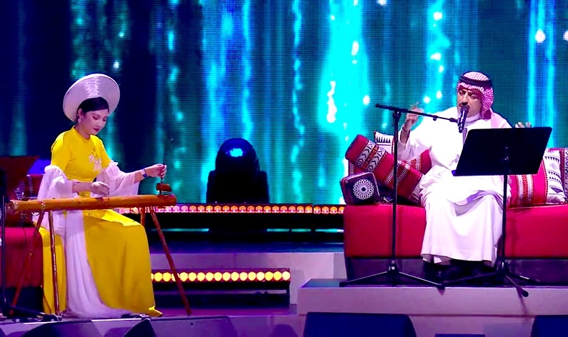 Artist Le Giang plays alongside Saudi Arabian singer Aseel Abu Baker during a special performance for Jalsat Nights at Expo 2020 Dubai.