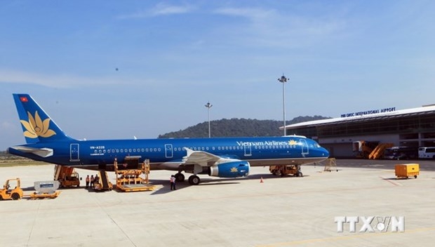 A plane of Vietnam Airlines park at Phu Quoc International Airport