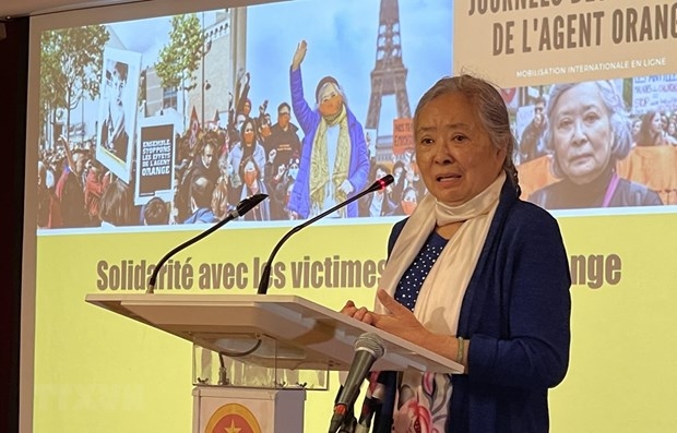 Vietnamese French woman Tran To Nga speaks at the meeting.