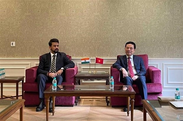Vietnamese Minister of Information and Communications Nguyen Manh Hung (R) and Indian Minister of Information and Broadcasting Anurag Singh Thakur during the working session. (Photo: VNA)