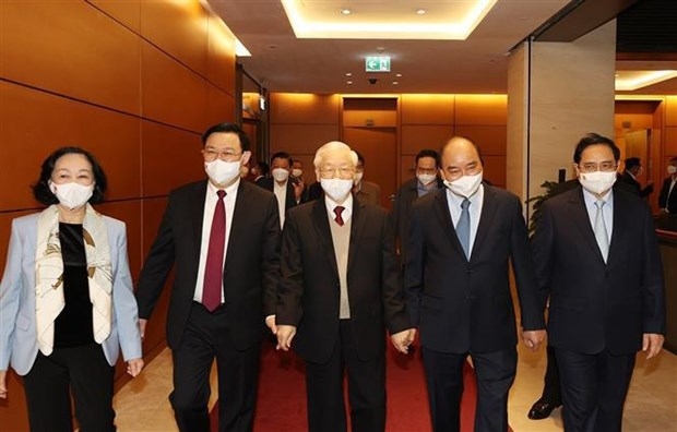 Party General Secretary Nguyen Phu Trong and other Party and State leaders at the conference. (Photo: VNA)