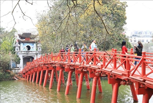 The Huc Bridge on Hoan Kiem Lake of Hanoi