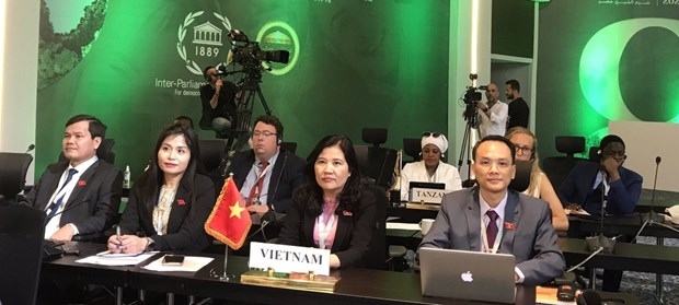 The Vietnamese National Assembly's delegation at the IPU Global Conference of Young Parliamentarians.
(Photo: VNA)