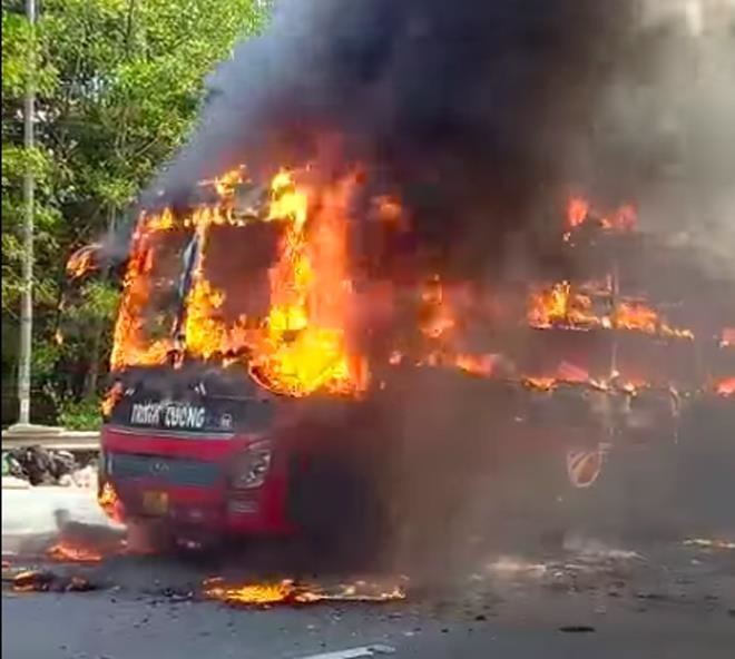 About 40 passengers have managed to escape the sleeper bus before it was completely destroyed by the fire.