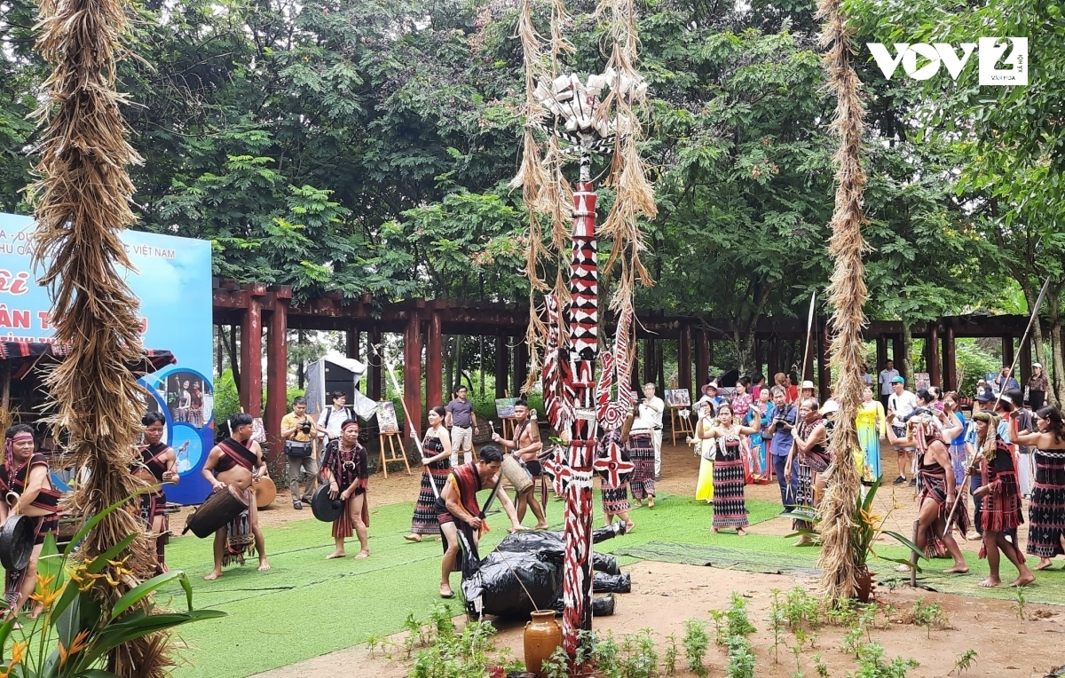 The new rice festival of the Co Tu ethnic people is re-enacted in the Vietnam National Village for Ethnic Culture and Tourism in Son Tay town on the outskirts of Hanoi.