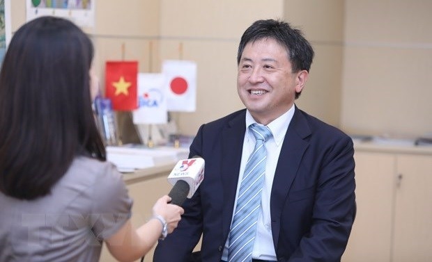Chief Representative of the JICA Vietnam Office Shimizu Akira grants an interview to the Vietnam News Agency. (Photo: VNA)