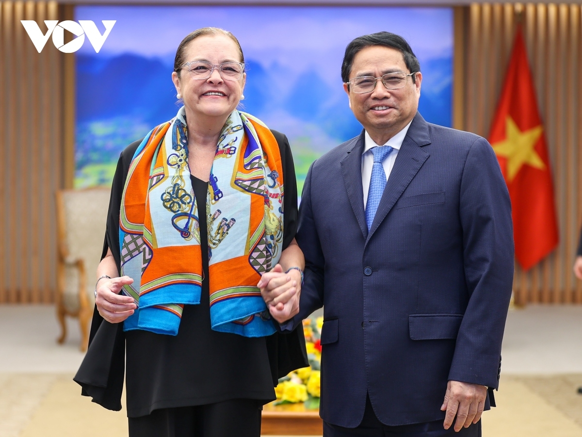 Prime Minister Pham Minh Chinh (R) welcomes Foreign Minister Alexandra Hill Tinoco in Hanoi on February 14.