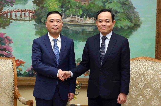 Deputy PM Tran Luu Quang (R) receives Ye Liaoning, chairman of the Board of Directors of Sunny in Hanoi on March 8. (Photo: VGP)