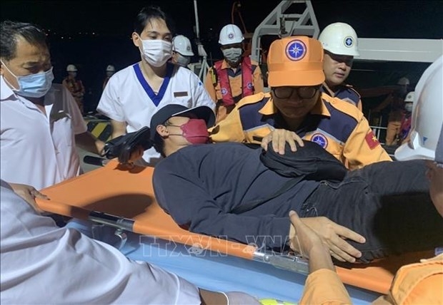 The Philippine sick sailor is brought ashore for treatment at a hospital in Nha Trang city in the south-central province of Khanh Hoa on April 1 night.