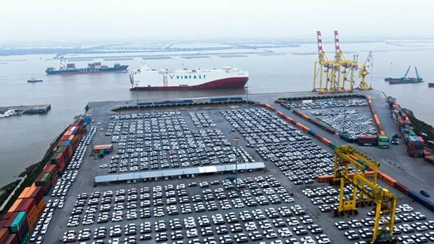 A batch of VinFast's 1,800 VF 8 electric cars is now at MPC Port in the northern city of Hai Phong for export to the US and Canada. (Photo: nhandan.vn)