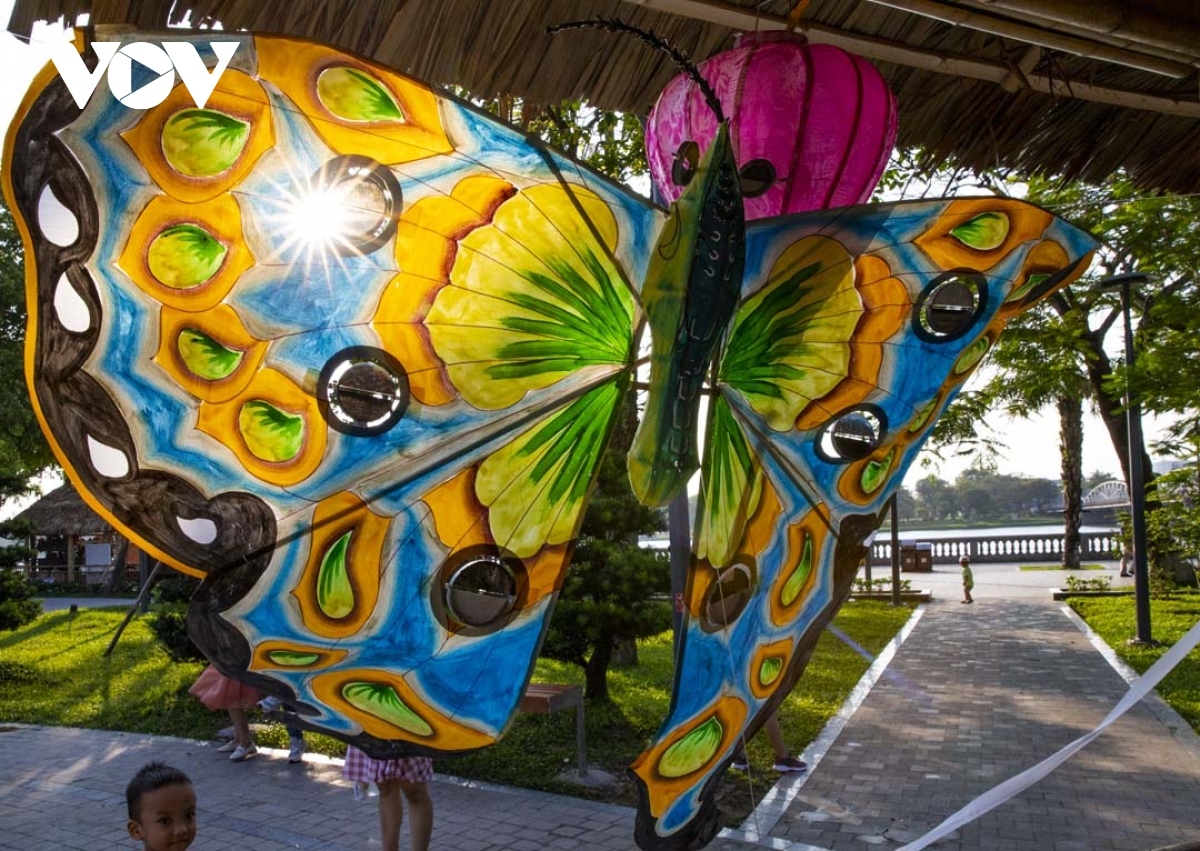 A butterfly shaped kite is put on display.