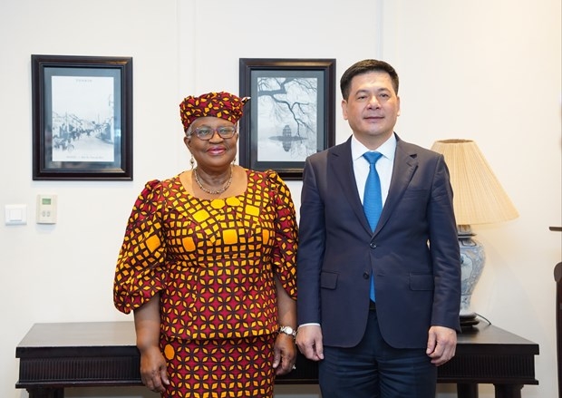 Vietnamese Minister of Industry and Trade Nguyen Hong Dien (R) and Director-General of the World Trade Organisation (WTO) Ngozi Okonjo-Iweal