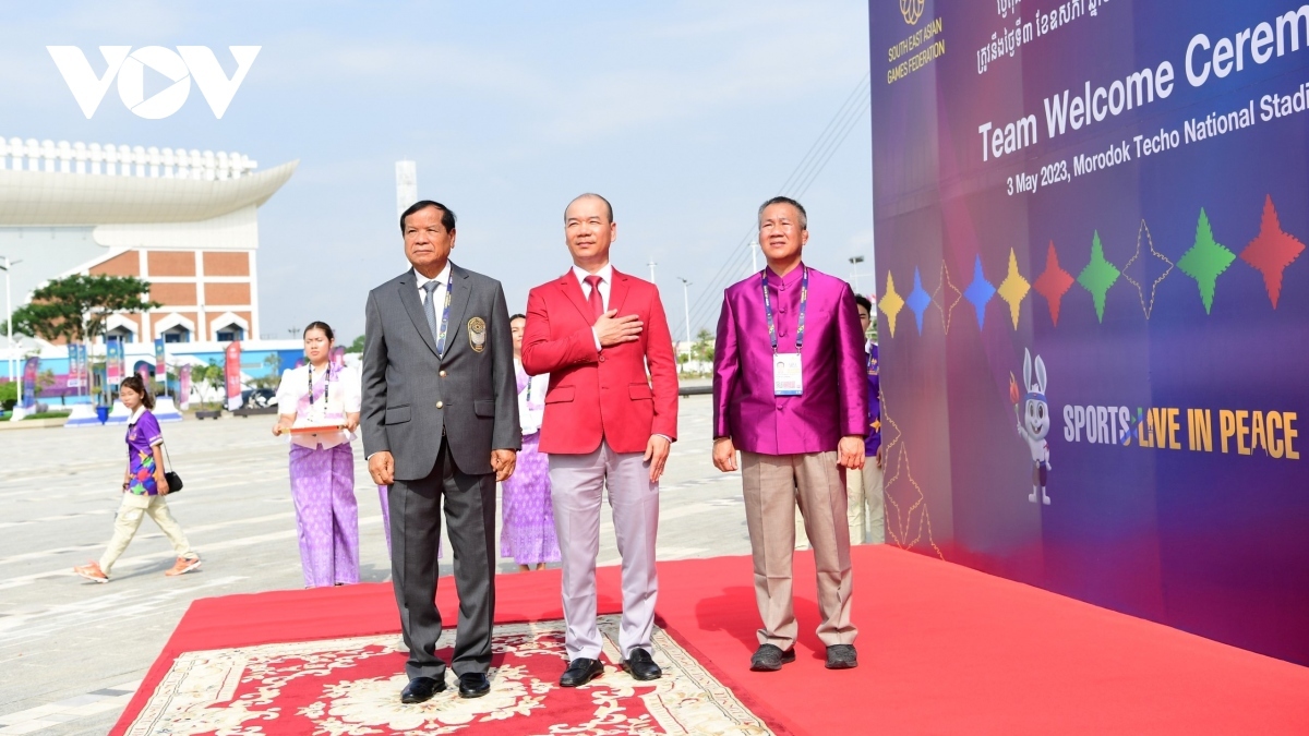 The Vietnamese national anthem is played as the flag-raising ceremony of Vietnamese sports delegation is held.