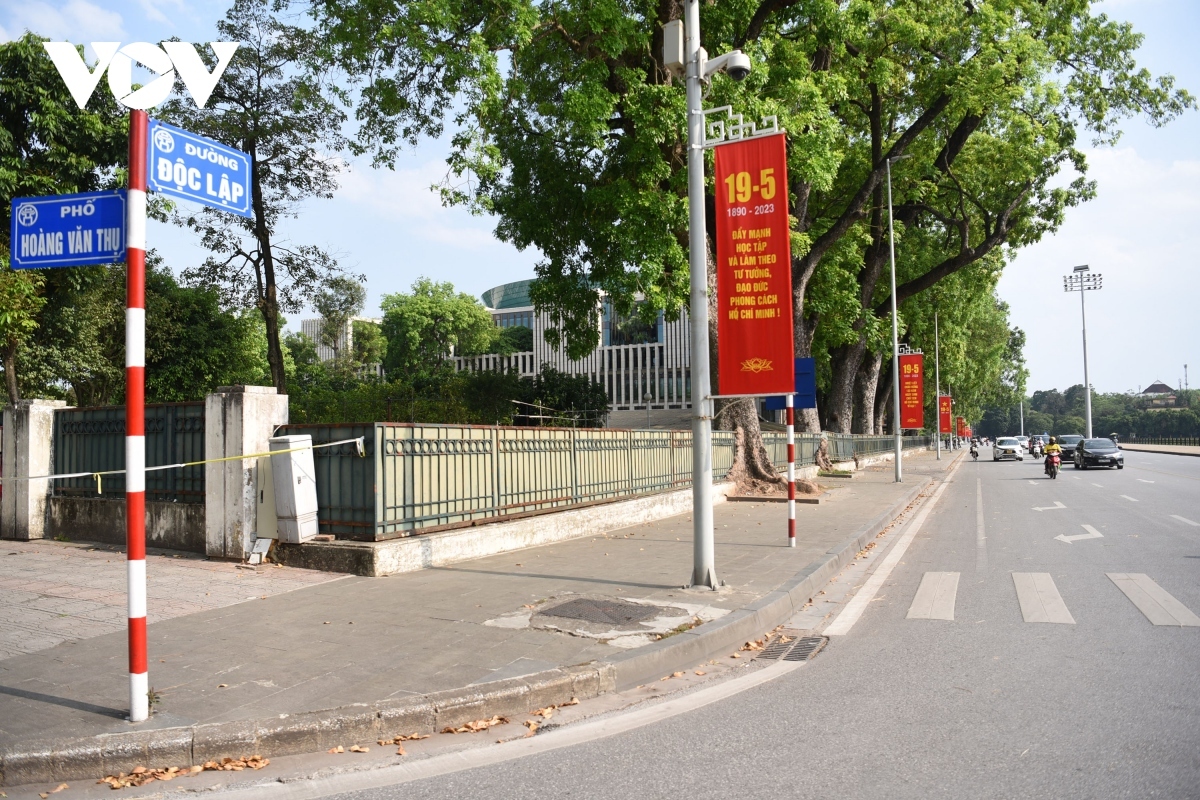 Banners and national flags are hung around Ba Dinh Square.