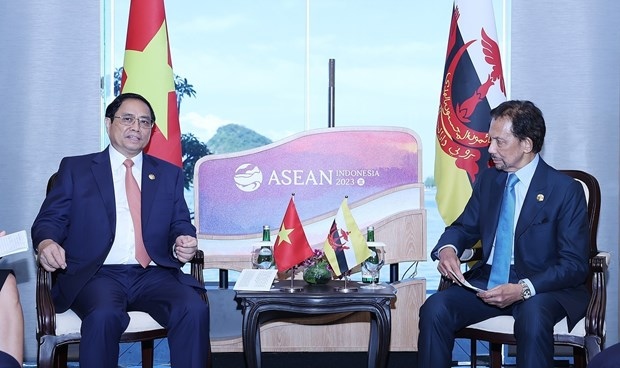 Prime Minister Pham Minh Chinh (L) meets Sultan Haji Hassanal Bolkiah of Brunei Darussalam. (Photo: VNA)