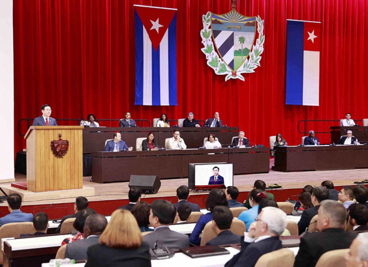 Chairman of the National Assembly of Vietnam Vuong Dinh Hue delivers a speech at the first session of the Cuban legislature following the Cuban general election in late March 2023. 