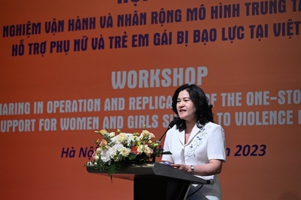 Deputy Minister of Labour, Invalids and Social Affairs Nguyen Thi Ha gives a speech at the workshop. (Photo courtesy of the UNFPA)