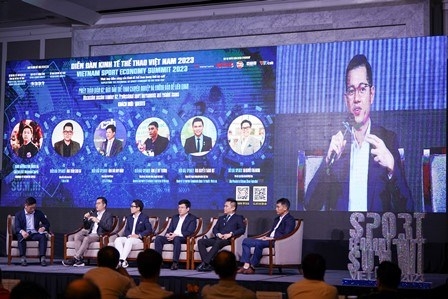 Speakers at the Vietnam Sport Economy Summit 2023 on June 3 in Hanoi. (Photo courtesy of Vietcontent)