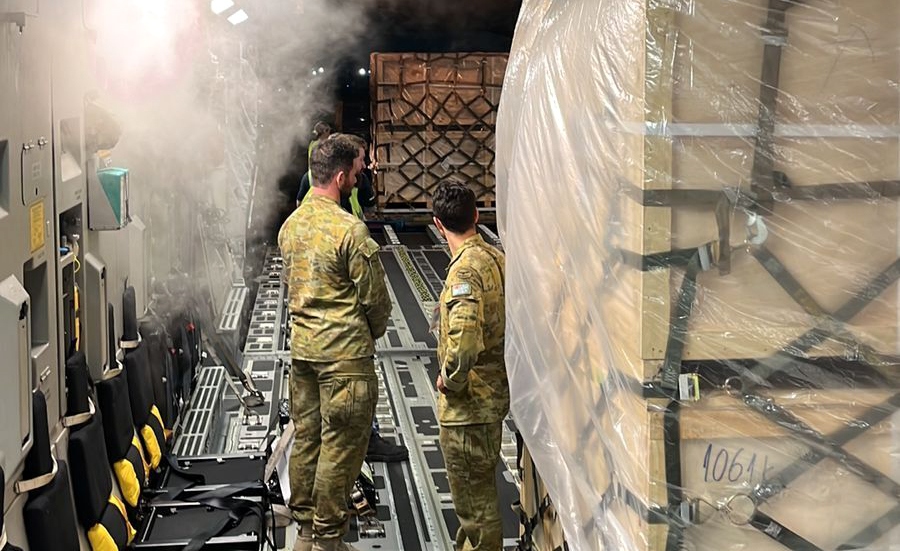 Equipment being loaded onto an Australian C-17 at Tan Son Nhat airport on June 29. (Photo: Australian Embassy)