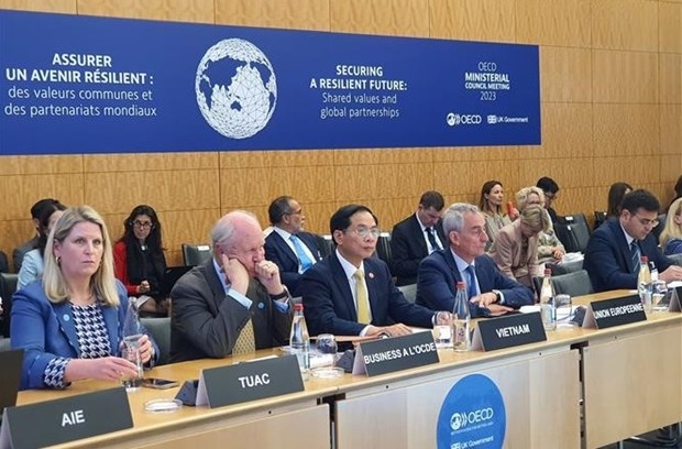 Vietnamese Foreign Minister Bui Thanh Son (front, centre) at a session of the OECD Ministerial Council Meeting 2023 (Photo: VNA)