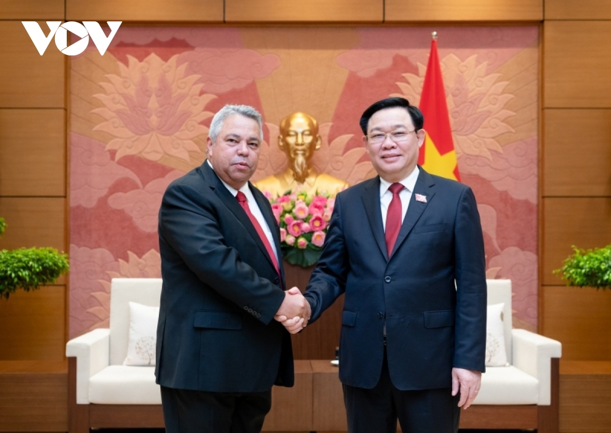 Vietnamese National Assembly Chairman Vuong Dinh Hue (R) receives Ulises Guilarte de Nacimiento, secretary general of the Cuban Workers’ Centre, in Hanoi on June 27.