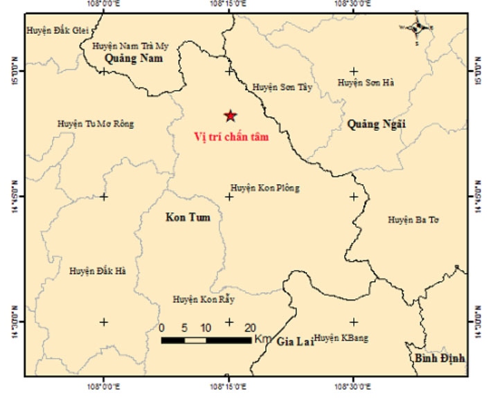 Seven consecutive earthquakes with magnitudes ranging from 2.7 to 3.8 hit Kon Plong district in the Central Highlands province of Kon Tum