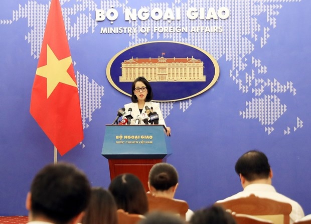 Spokeswoman of the Vietnamese Ministry of Foreign Affairs Pham Thu Hang speaks at the press conference.