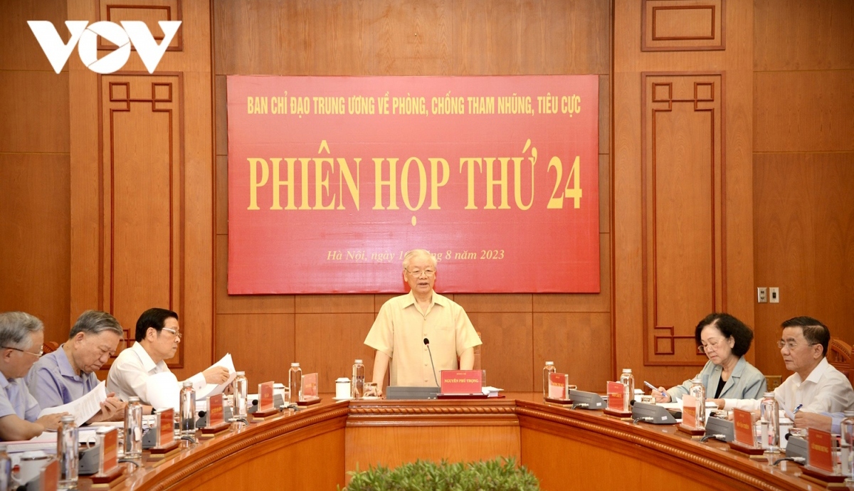 Party General Secretary Nguyen Phu Trong chairs the 24th meeting of the Central Steering Committee for Corruption and Negative Phenomena Prevention and Control in Hanoi on August 16.