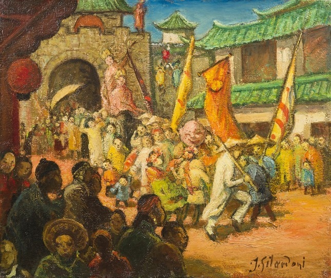 An artwork themed “Procession à Chợ Lớn” by Joseph Gilardoni