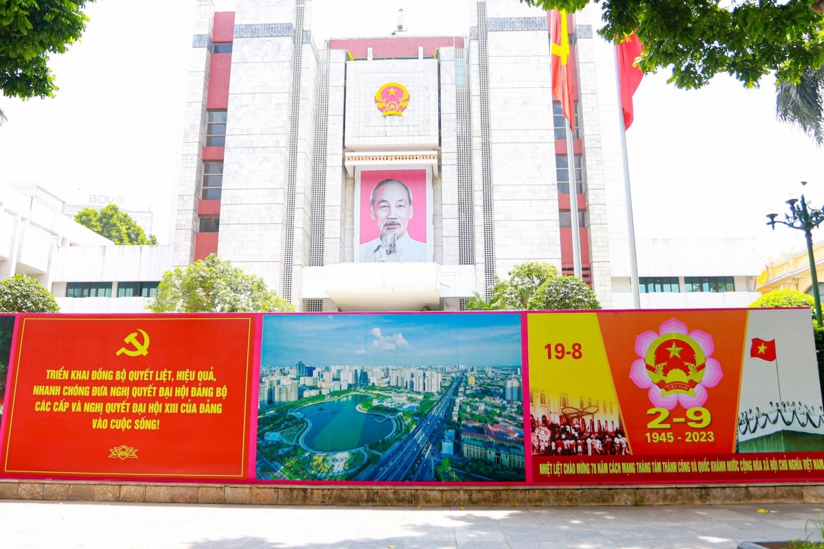 Office buildings are brilliantly decorated ahead of National Day celebrations.