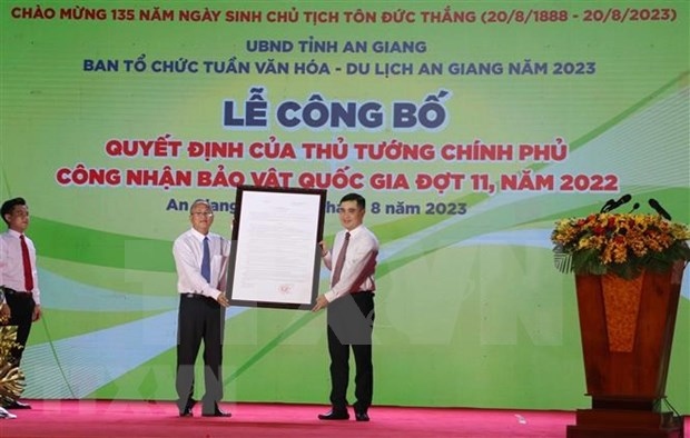 A ceremony is held in Long Xuyen city, An Giang province on August 7 to announce a Prime Minister decision recognising Mukhalinga Ba The, a linga with the head of Hindu god Shivaa as a national treasure