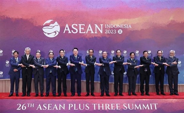 Leaders pose for a group photo at the 26th ASEAN Plus Three Summit in Jakarta, Indonesia, on September 6.