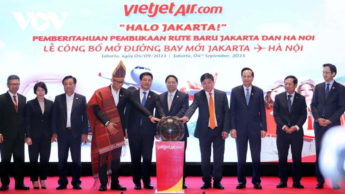 Vietnamese Prime Minister Pham Minh Chinh attends a VietJet Air ceremony to announce Hanoi-Jakarta air route