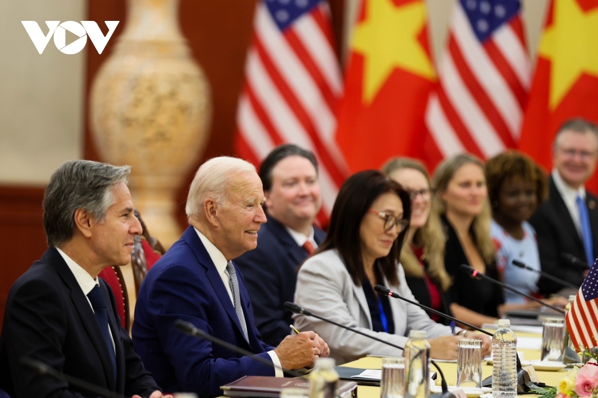 US President Joe Biden speaks during his talks with Vietnamese Party General Secretary Nguyen Phu Trong in Hanoi on September 10