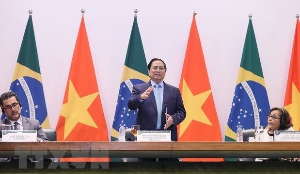 Prime Minister Pham Minh Chinh delivers a policy speech at the Brazilian Ministry of Foreign Affairs. (Photo: VNA)