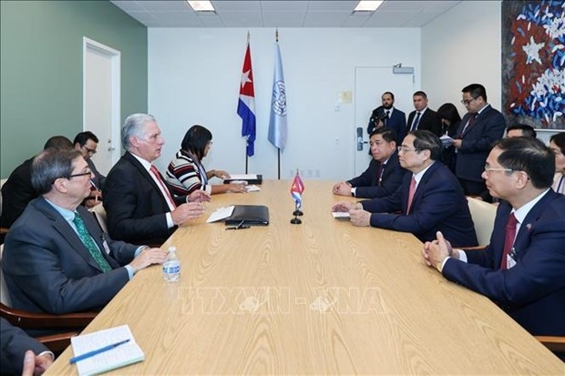 The meeting between Vietnamese Prime Minister Pham Minh Chinh and First Secretary of the Communist Party of Cuba Central Committee and President of Cuba Miguel Diaz-Canel on September 20, on the sidelines of a high-level general debate of the UN General Assembly in New York. (Photo: VNA)