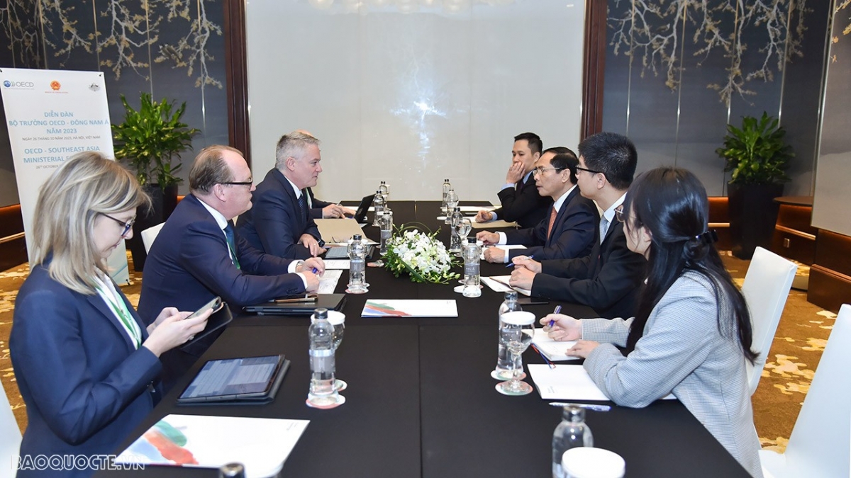 Vietnamese Minister of Foreign Affairs Bui Thanh Son receives OECD Secretary General Mathias Cormann in Hanoi on October 26. (Photo: baoquocte.vn)